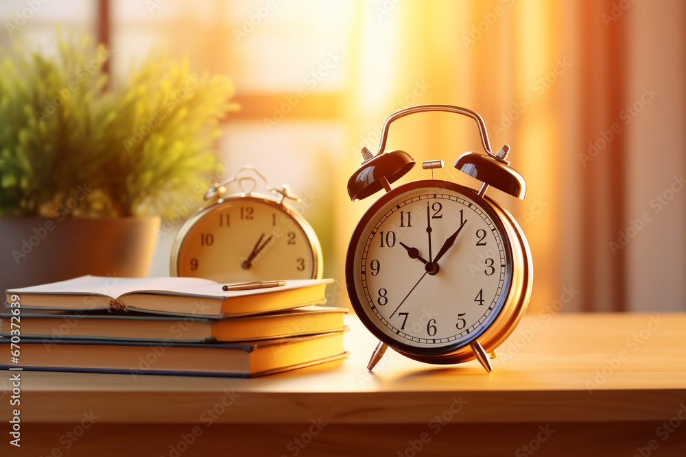 Alarm clock placed near textbooks stacked Alarm clock placed near textbooks stacked