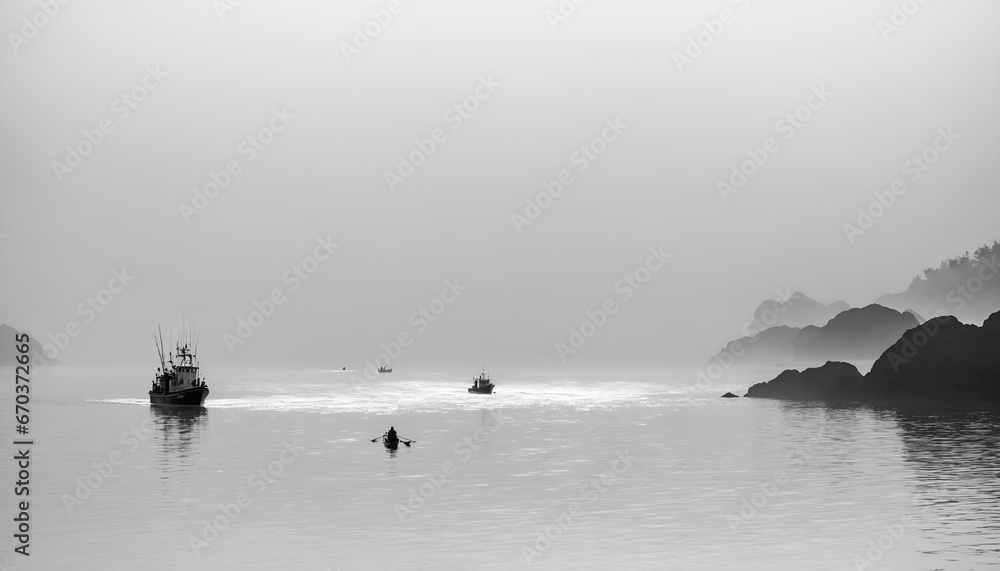 Naklejka premium Peaceful lake landscape with fishing boat generated by AI