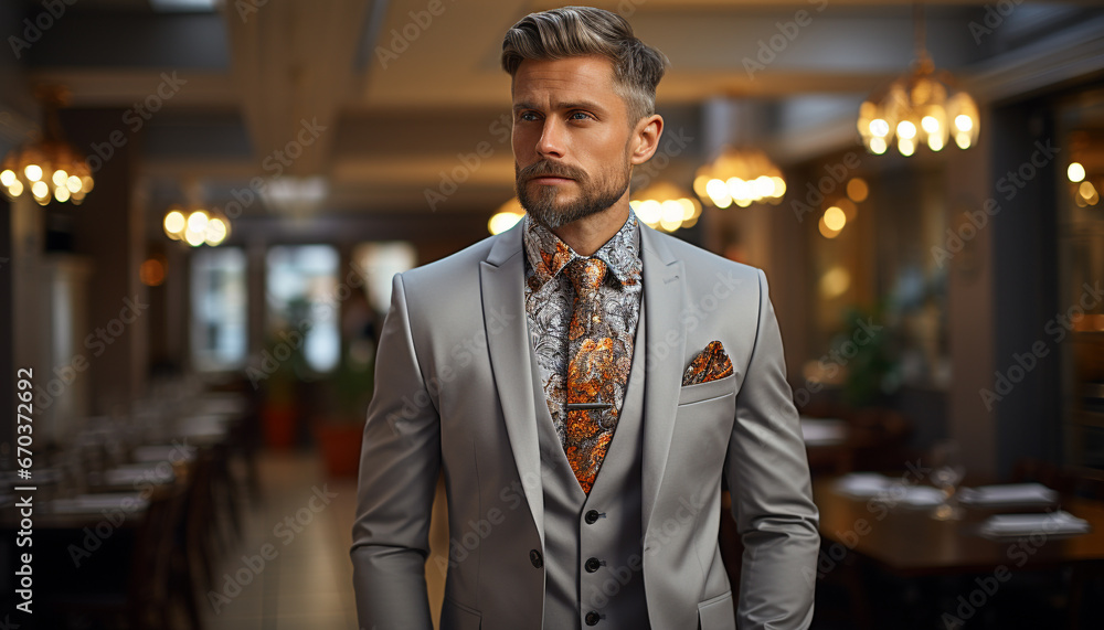 Fototapeta premium Confident businessman in suit, standing outdoors, looking at camera generated by AI