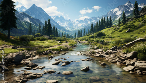 Majestic mountain range reflects tranquil meadow in summer beauty generated by AI © Jemastock