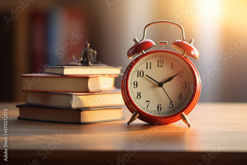 Alarm clock placed near textbooks stacked