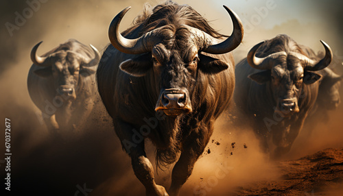 African buffalo herd in savannah, showcasing strength and beauty generated by AI © Jemastock