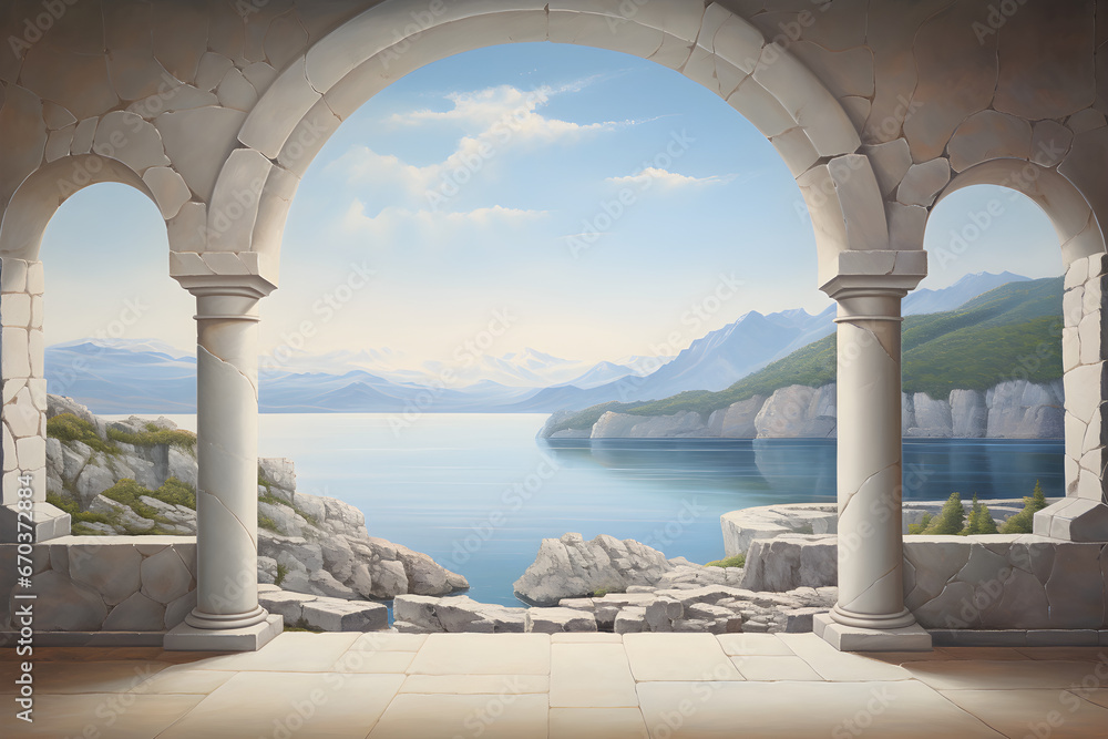 painting of a beautiful coastal landscape viewed through stone arches