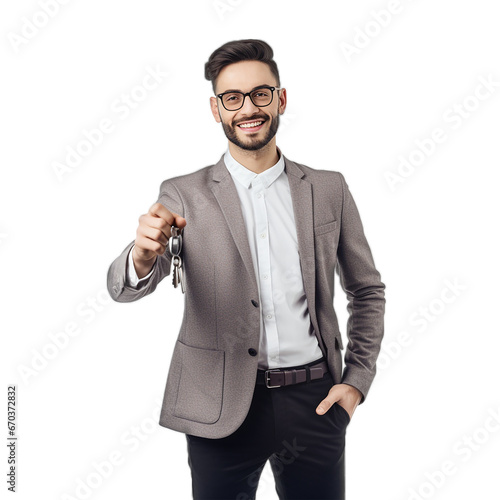 Portrait of a smiling man in a suit hands keys  isolated on a transparent background. Apartment sales, car sales manager. Agent in PNG for mortgage.