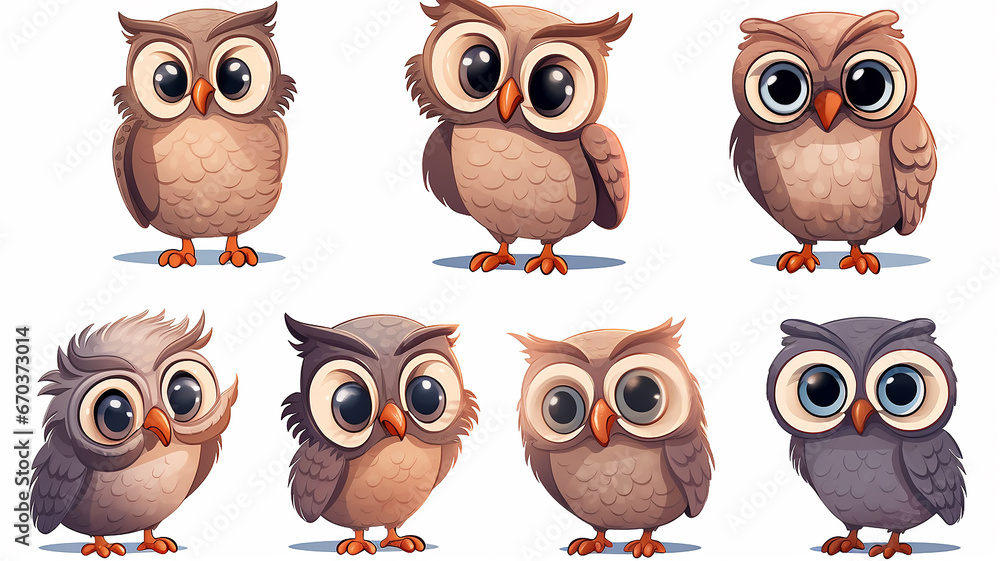 collection of cute cartoon owls on a white background set collection of cute cartoon owls on a white background set
