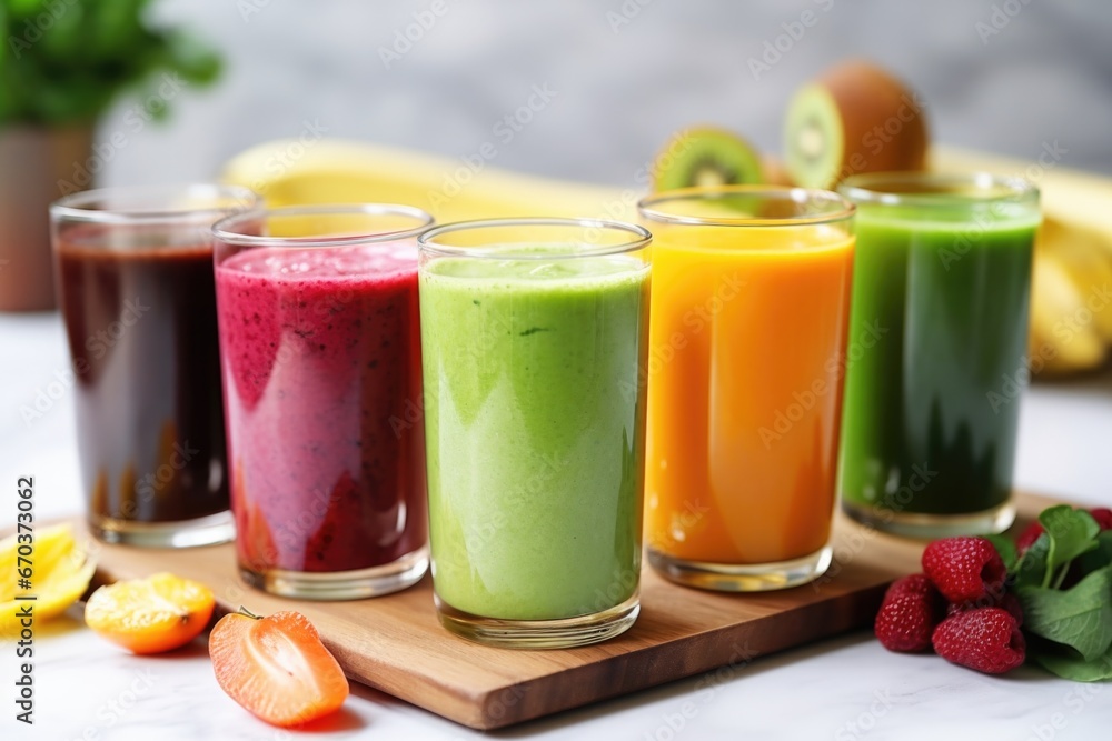 a selection of colorful detox smoothies in clear glasses a selection of colorful detox smoothies in clear glasses