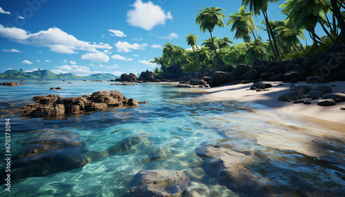 Idyllic tropical coastline, tranquil waters, palm trees reflect in sunset generated by AI