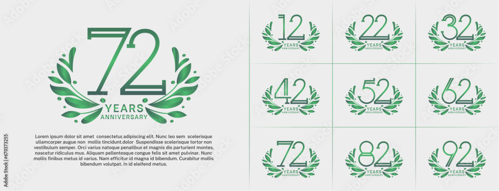 set of anniversary logotype green color and ornament for special celebration event - obrazy, fototapety, plakaty 