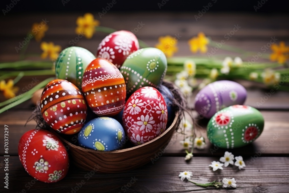decorated easter eggs on a rustic wooden table