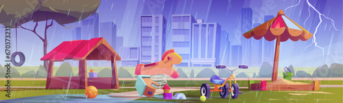 Thunder and rain in kindergarten playground park cartoon background. Summer children outside amusement with rainy weather and lightning. Outdoor urban city landscape with water puddle on yard