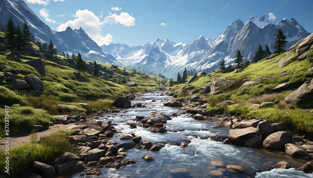 Majestic mountain peak, tranquil meadow, flowing water, serene forest generated by AI Majestic mountain peak, tranquil meadow, flowing water, serene forest generated by AI