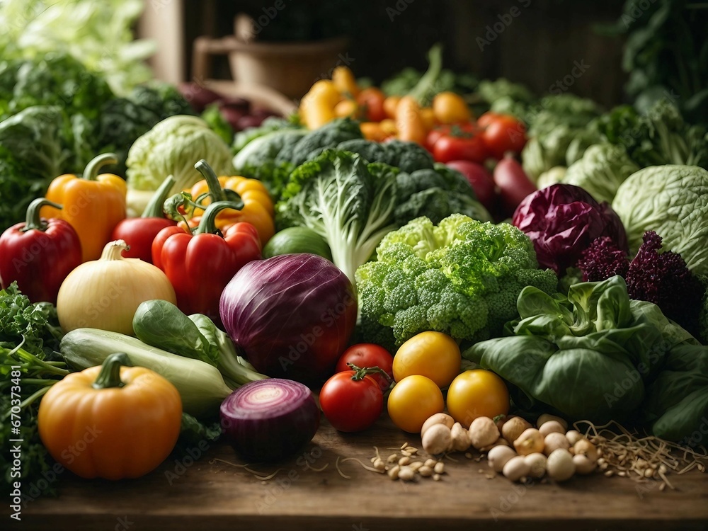 Fresh produce: array of colorful vegetables arranged on a wooden table. Generative AI.