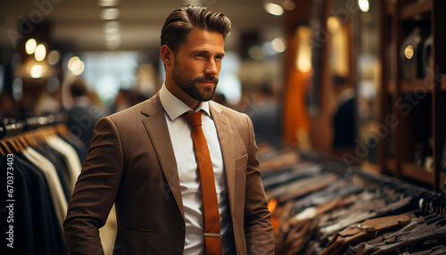 Confident businessman in suit, standing indoors, looking fashionable and successful generated by AI
