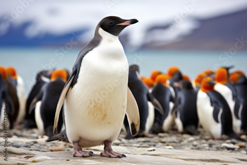 a penguin among a group of seagulls