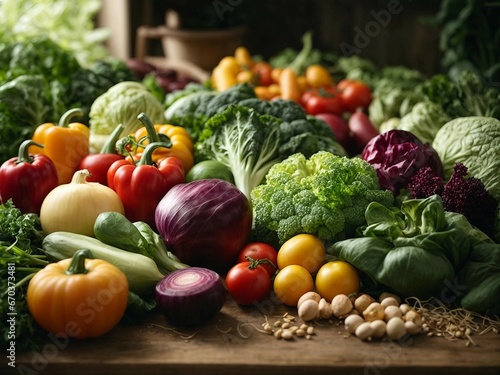 Fresh produce: array of colorful vegetables arranged on a wooden table. Generative AI.