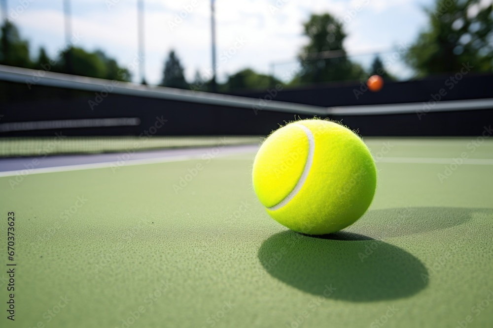 tennis ball and a racket on an outdoor court