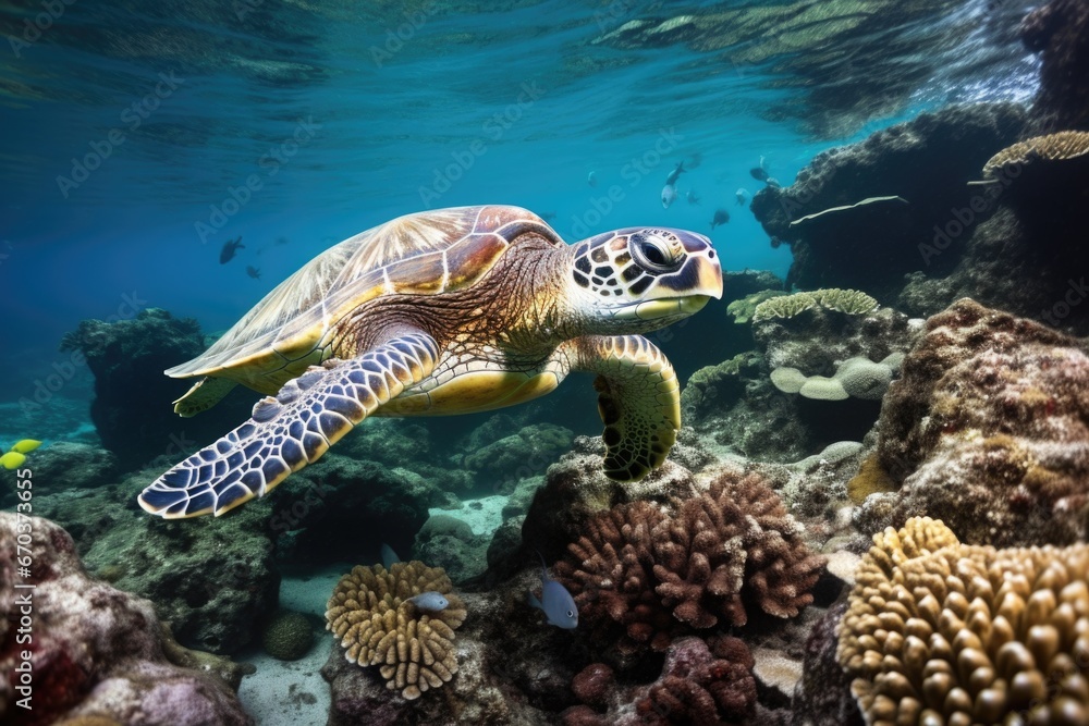 Fototapeta premium sea turtle swimming among coral reefs