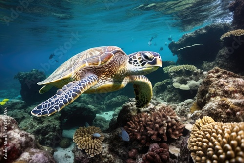 sea turtle swimming among coral reefs © Natalia