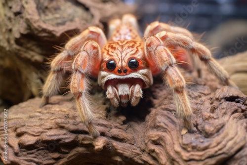 close-up shot of a tarantula on bark
