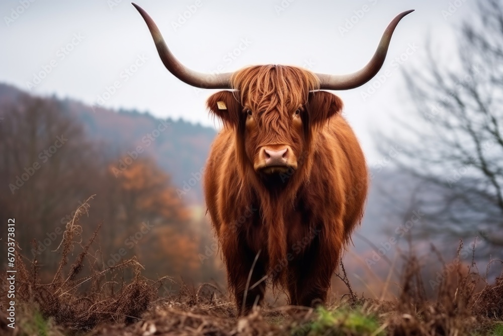 highland cow with long horns in the field highland cow with long horns in the field