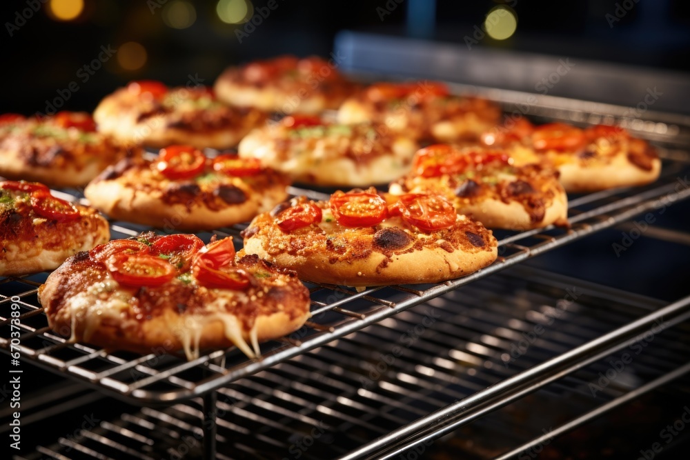 freshly baked pizzas cooled on a rack