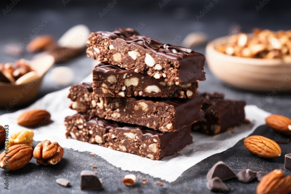 vegan protein bars next to a pile of raw nuts vegan protein bars next to a pile of raw nuts