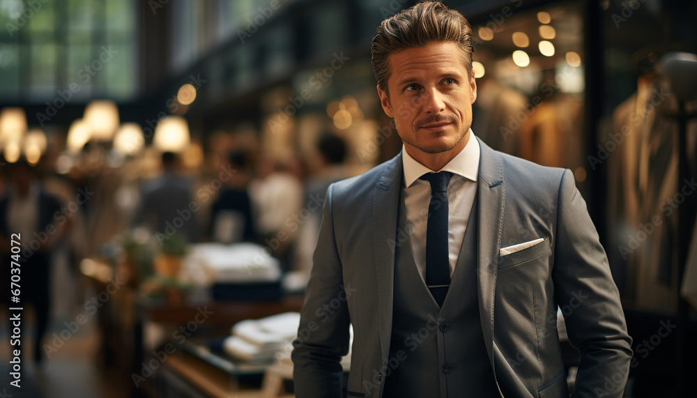 Confident businessman in elegant suit, successful in city, looking at camera generated by AI Confident businessman in elegant suit, successful in city, looking at camera generated by AI