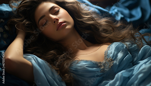 Beautiful young woman with long brown hair lying on a comfortable bed, looking relaxed and elegant generated by AI