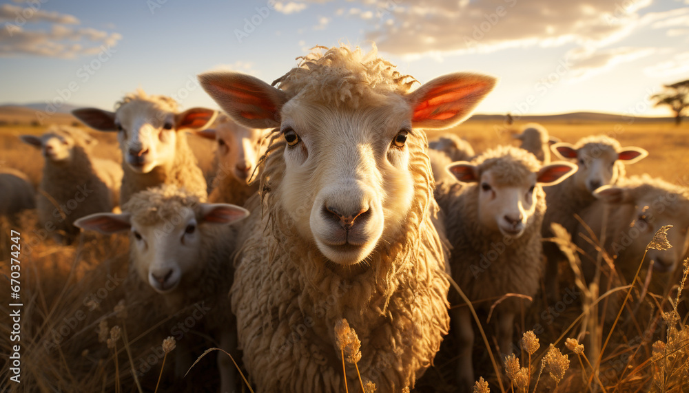 Obraz premium Cute cattle grazing in a green meadow at sunset generated by AI