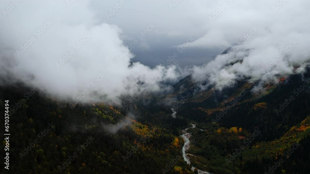 Aerial View Of Gorge With Valley And Mountains In Cloudy Gloomy Weather, Cinematic Slow Motion Aerial View Of Gorge With Valley And Mountains In Cloudy Gloomy Weather, Cinematic Slow Motion