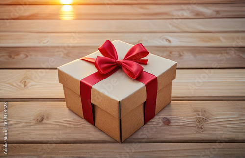 Christmas gift box with red ribbon and fir tree branch on wooden background © ZeNDaY
