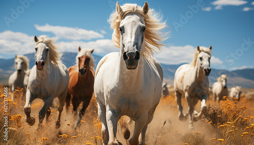 Horses running freely in the meadow, enjoying the autumn sun generated by AI