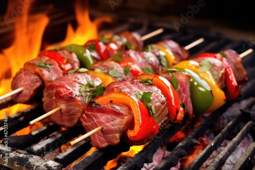 barbecued skewers of meat and bell peppers