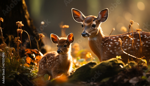 Cute fawn standing in meadow, looking at camera, surrounded by nature generated by AI