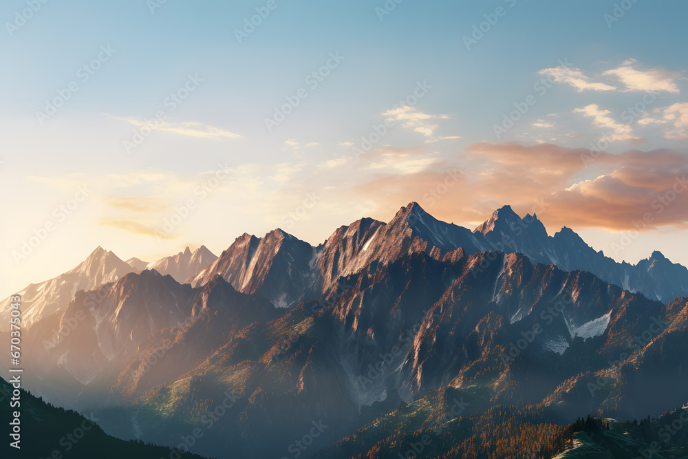 Majestic Mountain Peaks. A Panoramic View of Towering Mountain Ranges at Sunrise Majestic Mountain Peaks. A Panoramic View of Towering Mountain Ranges at Sunrise
