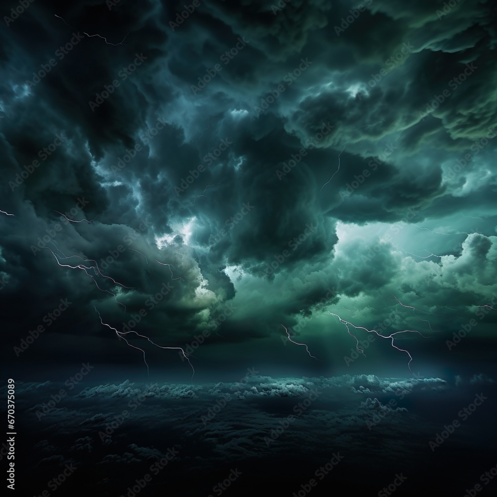 Black dark greenish blue dramatic night sky. Gloomy ominous storm rain clouds background. Cloudy thunderstorm hurricane wind lightning. - Generative AI Black dark greenish blue dramatic night sky. Gloomy ominous storm rain clouds background. Cloudy thunderstorm hurricane wind lightning. - Generative AI