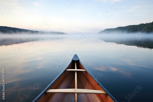 a canoe with two paddles floating on a calm lake