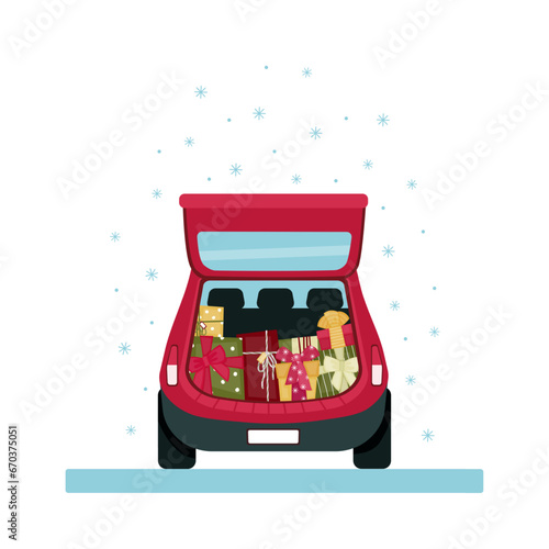 Red car with gifts in the trunk and snowfall. Vector illustration.