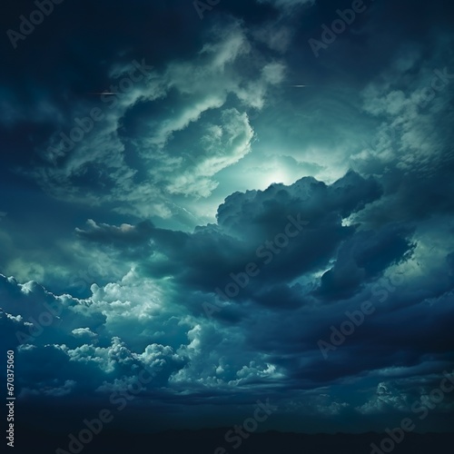 Dark blue green sky with clouds. Dramatic night sky. Moonlight. Toned background with space for design.- Generative AI