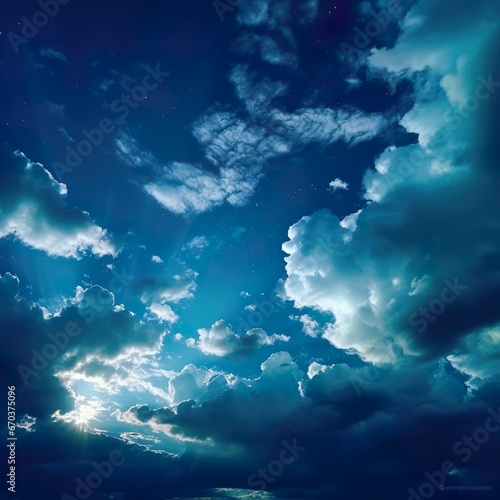 Dark blue green sky with clouds. Dramatic night sky. Moonlight. Toned background with space for design.- Generative AI