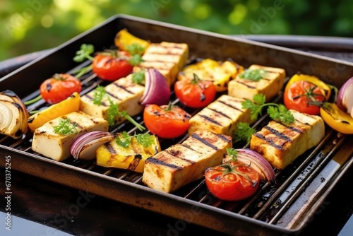 grilled tofu on a bright summer-like tray