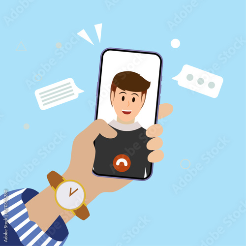 Vector cartoon illustration of Young handsome boy on display smartphone. Human hand holding mobile phone and looking at the screen. Chat, Video call, self portrait. Vector.