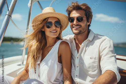 Picture of man and woman sitting together on boat. This image can be used to depict couple enjoying leisurely boat ride or spending time together in serene setting. © vefimov