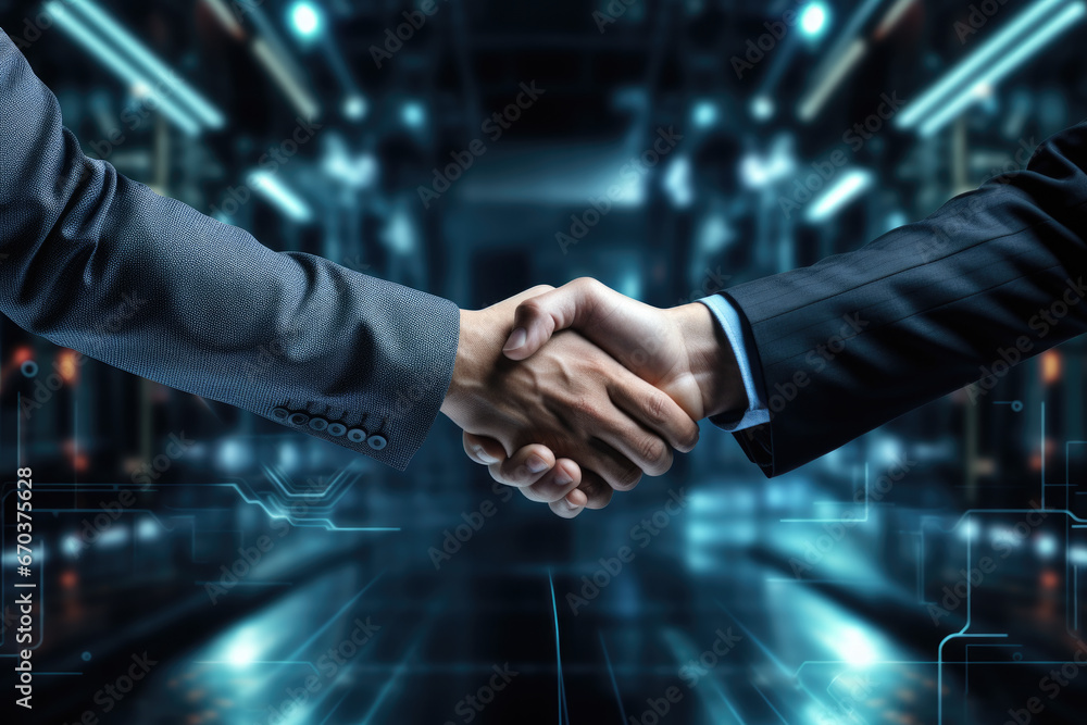 Two people shaking hands. This professional and friendly gesture can be used to represent business partnerships, agreements, or successful negotiations.
