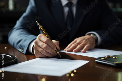 Man in suit is seen writing on piece of paper. This image can be used for various professional and business-related concepts.