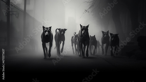 phobia fear horror attack of a pack of dogs in a black and white fog.