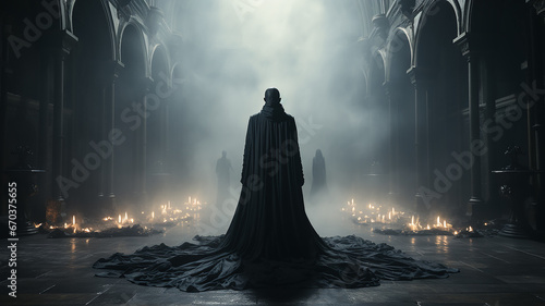 Canvas Print Dark person view from the back in the throne room horror, lord of evil gloomy game background