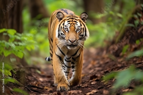 a tiger walking alone in the jungle