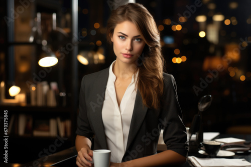 Woman in suit holding cup of coffee. This image can be used to depict professional businesswoman taking break or enjoying hot beverage at work. © vefimov