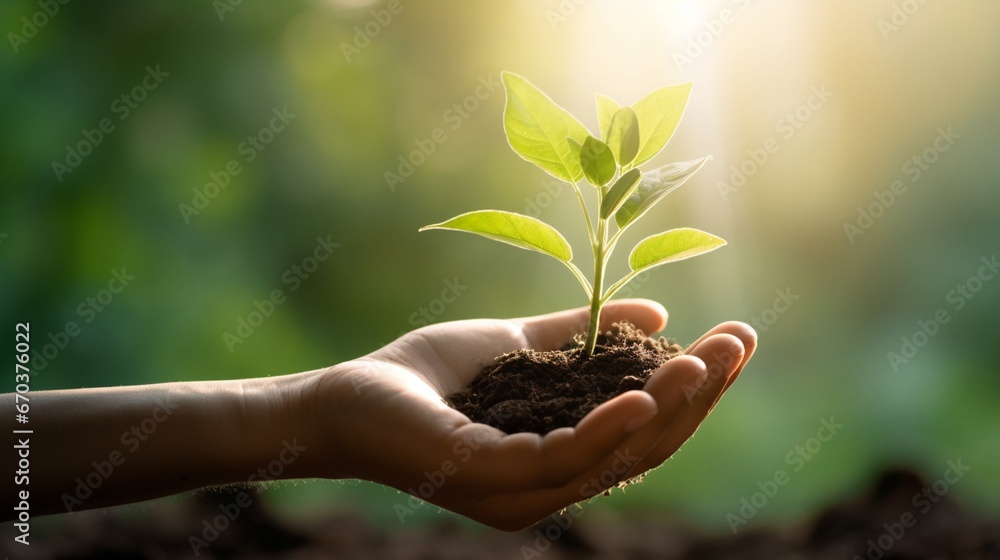 plant in hands with some soil - obrazy, fototapety, plakaty 